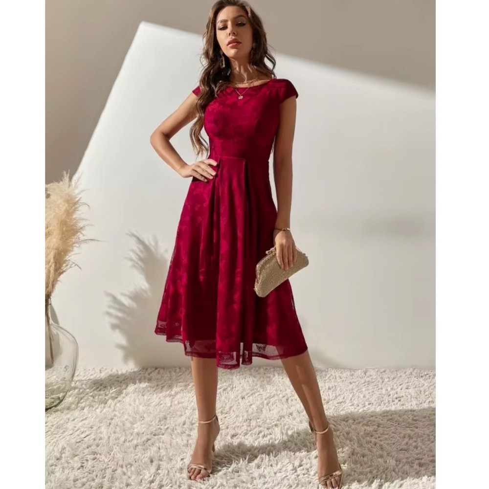 SHEIN Womens Dress Size Large Clasi Fold Pleated Cap Sleeve Red Floral Lace Boho